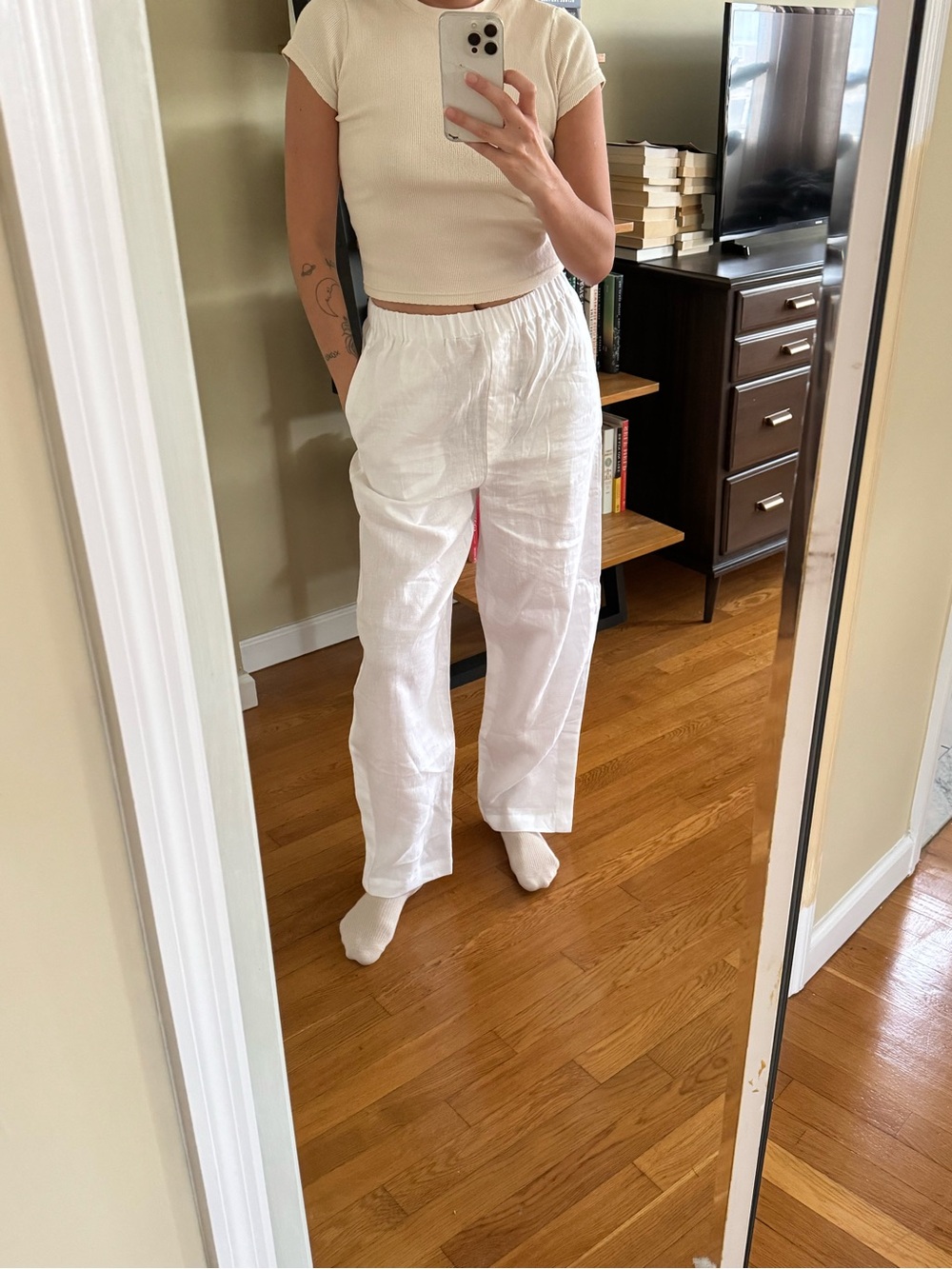 COS White Linen Wide-Leg Elastic-Waist Pants